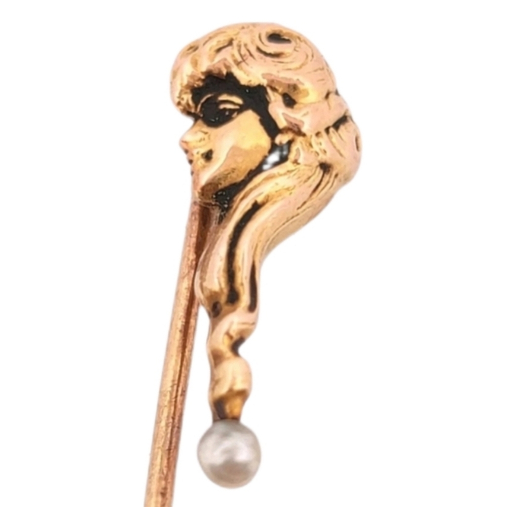 Antique Art Nouveau 14k Gold Enamel Gibson Girl Alling & Co Stickpin Pin
